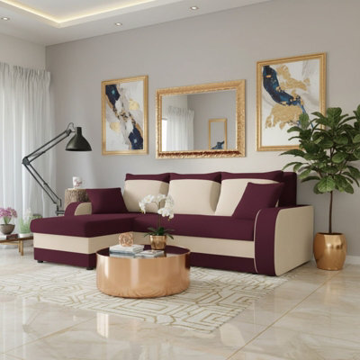Kris M Corner Sofa Bed With Storage Ottoman Polyurethane Foam Wooden Frame Plastic Legs 238X147X80Cm Burgundy And Cream - image 1