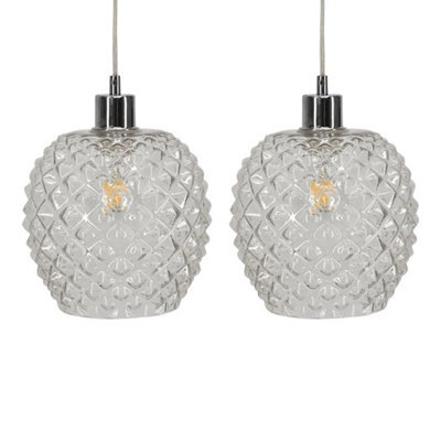 Set Of 2 Clear Textured Glass Globe Easy Fit Pendant Shades Ceiling Lightshades - image 1
