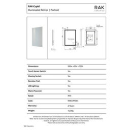 RAK Ceramics Rak Cupid 500X700mm Rectangular Led Illuminated Bathroom Mirror With Touch Sensor & Demister Pad, Ip44 - Silver - thumbnail 2