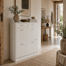 Wyld Haus Fafina White Slim Shoe Cabinet With 2 Flip Drawers, 2 Top Drawers And Adjustable Shelves - Holds 12 Pairs - thumbnail 1