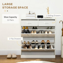 Wyld Haus Fafina White Slim Shoe Cabinet With 2 Flip Drawers, 2 Top Drawers And Adjustable Shelves - Holds 12 Pairs - thumbnail 4