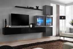 "Arte Switch Xix Entertainment Unit For Tvs Up To 75"" - Black & Graphite Gloss Media Wall With Led And Modular Cube Cabinets"