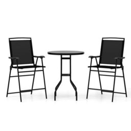 Costway 3 Pcs Outdoor Bar Stool Set W/ Umbrella Hole Patio Bistro Table & 2 Folding Chairs - thumbnail 2