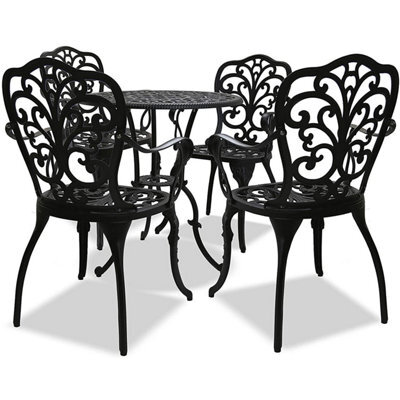 Homeology Bangui Black Luxurious Garden And Patio Table And 4 Large Chairs With Armrests Cast Aluminium Bistro Set - image 1