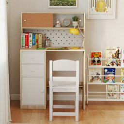 Gainoom Kids Natural Desk And Chair Set Wooden Study Desk With 2 Cabinets & 2 Drawers For 4-7 Years Old - thumbnail 4