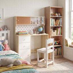 Gainoom Kids Natural Desk And Chair Set Wooden Study Desk With 2 Cabinets & 2 Drawers For 4-7 Years Old - thumbnail 5
