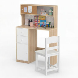 Gainoom Kids Natural Desk And Chair Set Wooden Study Desk With 2 Cabinets & 2 Drawers For 4-7 Years Old