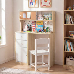 Gainoom Kids Natural Desk And Chair Set Wooden Study Desk With 2 Cabinets & 2 Drawers For 4-7 Years Old - thumbnail 6