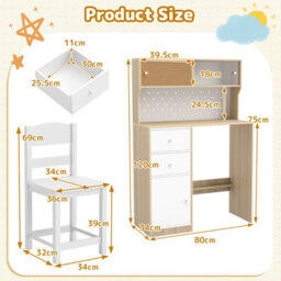 Gainoom Kids Natural Desk And Chair Set Wooden Study Desk With 2 Cabinets & 2 Drawers For 4-7 Years Old - thumbnail 2