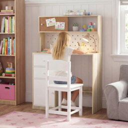 Gainoom Kids Natural Desk And Chair Set Wooden Study Desk With 2 Cabinets & 2 Drawers For 4-7 Years Old - thumbnail 3