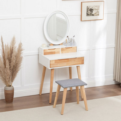 Westwood Natural White Makeup Vanity Dressing Table & Stool Set Oval Led Mirror Drawers - image 1