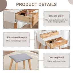 Westwood Natural White Makeup Vanity Dressing Table & Stool Set Oval Led Mirror Drawers - thumbnail 7