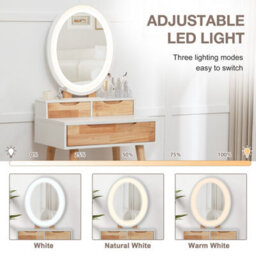 Westwood Natural White Makeup Vanity Dressing Table & Stool Set Oval Led Mirror Drawers - thumbnail 6