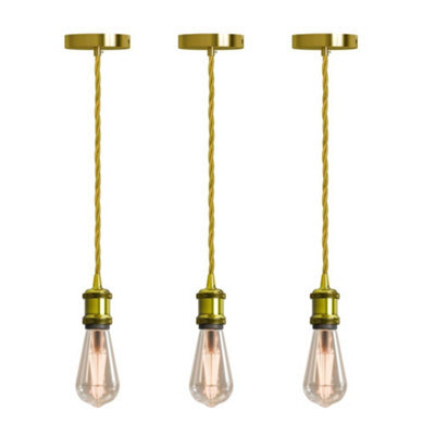 Vintage E27 Pendant Light Fitting Yellow Brass Hanging Ceiling Lamp Kit With Twisted Fabric 2M Cable Pack Of 3 - image 1