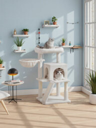 LEDREM Small Cat Tree, Cat Tower With Widened Perch For Large Cats Indoor, Kittens, Scratching Posts And Ramp, Dark Grey - thumbnail 3