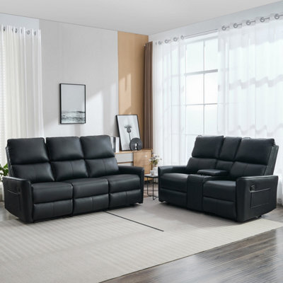 More4Homes Madrid 2+3 Seater W Console Manual Recliner Air Leather Sofa Set (Black) - image 1