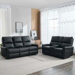 More4Homes Madrid 2+3 Seater W Console Manual Recliner Air Leather Sofa Set (Black) - thumbnail 1