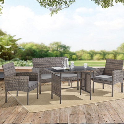 Evre Brown Porto 4 Seater Rattan Garden Furniture Set, Table & Chairs With Sofa & Glass Table - Inc Weekend Delivery - image 1