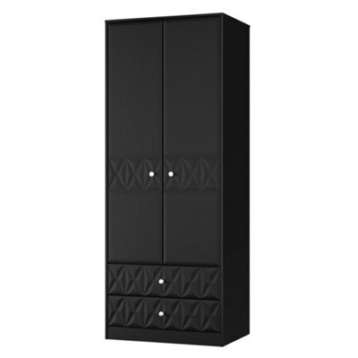 Genoa Ready Assembled Contemporary Matt Black 2 Drawer Tall Double Wardrobe (H)1960mm (W)740mm (D)520mm - image 1