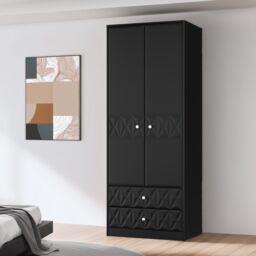 Genoa Ready Assembled Contemporary Matt Black 2 Drawer Tall Double Wardrobe (H)1960mm (W)740mm (D)520mm - thumbnail 3