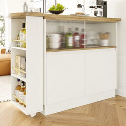 Btm White 360 Swivelling High Table Multifunctional Sideboard With Storage Sliding Glass Door For Kitchen Dining Room - thumbnail 4