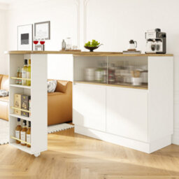 Btm White 360 Swivelling High Table Multifunctional Sideboard With Storage Sliding Glass Door For Kitchen Dining Room - thumbnail 1
