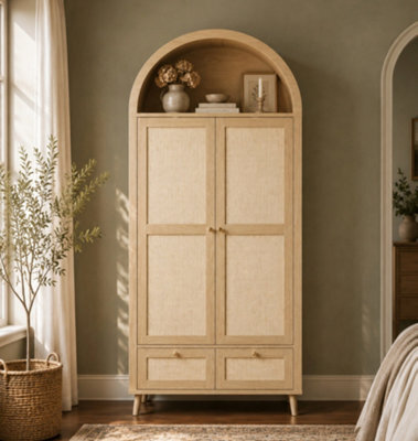 Btm Arched 2 Door Wardrobe With 2 Drawers, 180Cm Rattan Effect Double Wardrobe With Hanging Rail And Display Shelf, Natural Oak - image 1