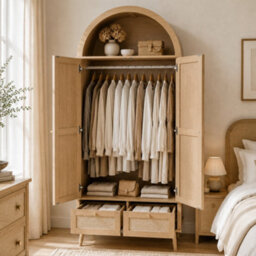 Btm Arched 2 Door Wardrobe With 2 Drawers, 180Cm Rattan Effect Double Wardrobe With Hanging Rail And Display Shelf, Natural Oak - thumbnail 4