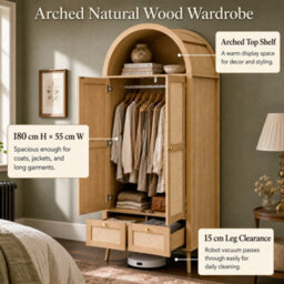 Btm Arched 2 Door Wardrobe With 2 Drawers, 180Cm Rattan Effect Double Wardrobe With Hanging Rail And Display Shelf, Natural Oak - thumbnail 7