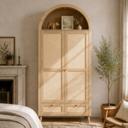 Btm Arched 2 Door Wardrobe With 2 Drawers, 180Cm Rattan Effect Double Wardrobe With Hanging Rail And Display Shelf, Natural Oak - thumbnail 3