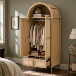 Btm Arched 2 Door Wardrobe With 2 Drawers, 180Cm Rattan Effect Double Wardrobe With Hanging Rail And Display Shelf, Natural Oak - thumbnail 2