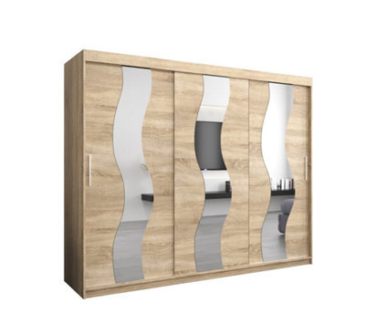 Arte Seville Wavy Mirrored Sliding Door Wardrobe With Shelves And Hanging Rails In Oak Sonoma(H)2000mm (W)2500mm (D)620mm - image 1