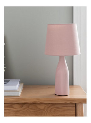 Deenz Fluted Ceramic Side Table/desk Lamp Fabric Shade Bottle Shape Tall Textured Base Vertical Ribbing Pink 37 X 17 X 7 Cm