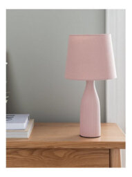 Deenz Fluted Ceramic Side Table/desk Lamp Fabric Shade Bottle Shape Tall Textured Base Vertical Ribbing Pink 37 X 17 X 7 Cm