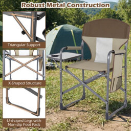 Gainoom Folding Camping Chair Brown Oversized Padded Portable Directors Chair Outdoor Heavy Duty Beach Chair With Cup Holder - thumbnail 9