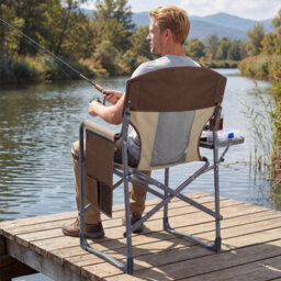 Gainoom Folding Camping Chair Brown Oversized Padded Portable Directors Chair Outdoor Heavy Duty Beach Chair With Cup Holder - thumbnail 3