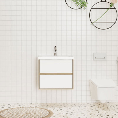 Probaty Bathrooms Wall Vanity Unit,600X400X520mm,matte White Combined With Oak Color,2-Drawer With Artificial Stone Basin - image 1