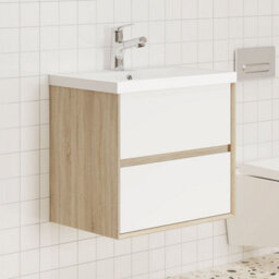 Probaty Bathrooms Wall Vanity Unit,600X400X520mm,matte White Combined With Oak Color,2-Drawer With Artificial Stone Basin - thumbnail 4