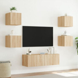 Berkfield Durable 5 Piece Tv Wall Cabinets With Led Lights Sonoma Oak - thumbnail 4
