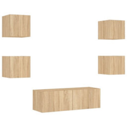 Berkfield Durable 5 Piece Tv Wall Cabinets With Led Lights Sonoma Oak - thumbnail 3