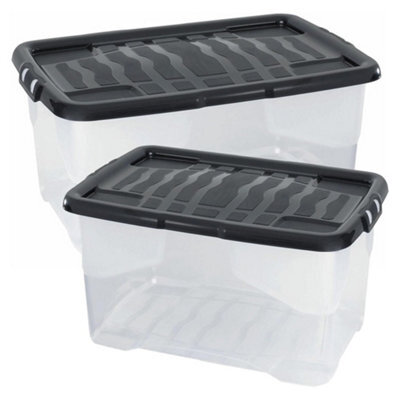 Storm Trading Group 3 X Stackable & Strong Durable 42 Litre Curve Plastic Storage Boxes With Black Lids For Home & Office