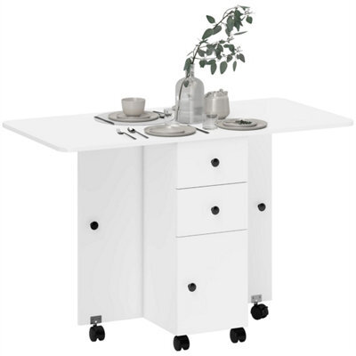 White Folding Dining Table With Drop Leaf For 4-6 Rolling Kitchen Table - image 1