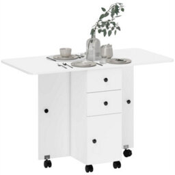 White Folding Dining Table With Drop Leaf For 4-6 Rolling Kitchen Table - thumbnail 1