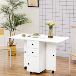 White Folding Dining Table With Drop Leaf For 4-6 Rolling Kitchen Table - thumbnail 4