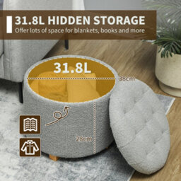 Homcom 45Cm Round Ottoman With Storage, Lid, Cashmere Footstool, Grey - thumbnail 4