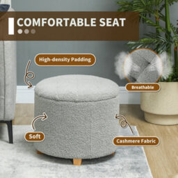 Homcom 45Cm Round Ottoman With Storage, Lid, Cashmere Footstool, Grey - thumbnail 5