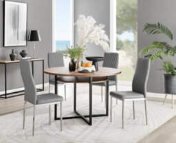 Furniturebox Adley Brown Wood Effect And Black Round Dining Table With Storage Shelf And 4 Grey And Silver Milan Modern Faux Leather Chairs