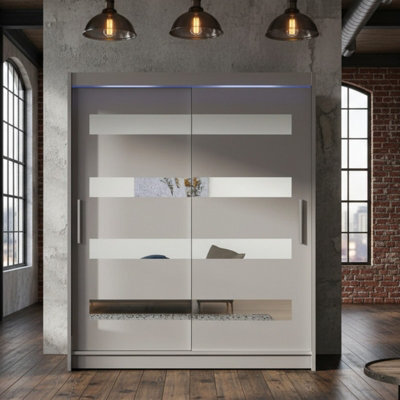 Sliding Wardrobe Westa Xiii 150 Cm With Mirror Panels And Rgb Led Lights Cashmere - image 1