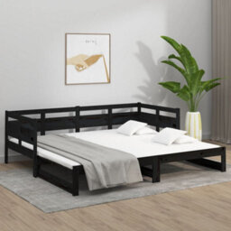 Berkfield Pull-Out Day Bed Black Solid Wood Pine 2X(80X200) Cm - thumbnail 4