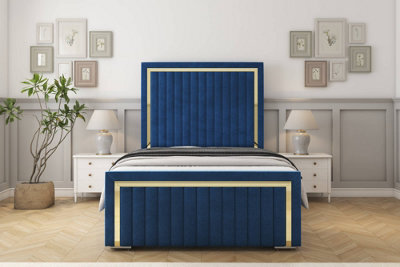"Sloomy Boston Gold Navy Plush Bed Frame With 50"" Upholstered Headboard 4' Small Double" - image 1